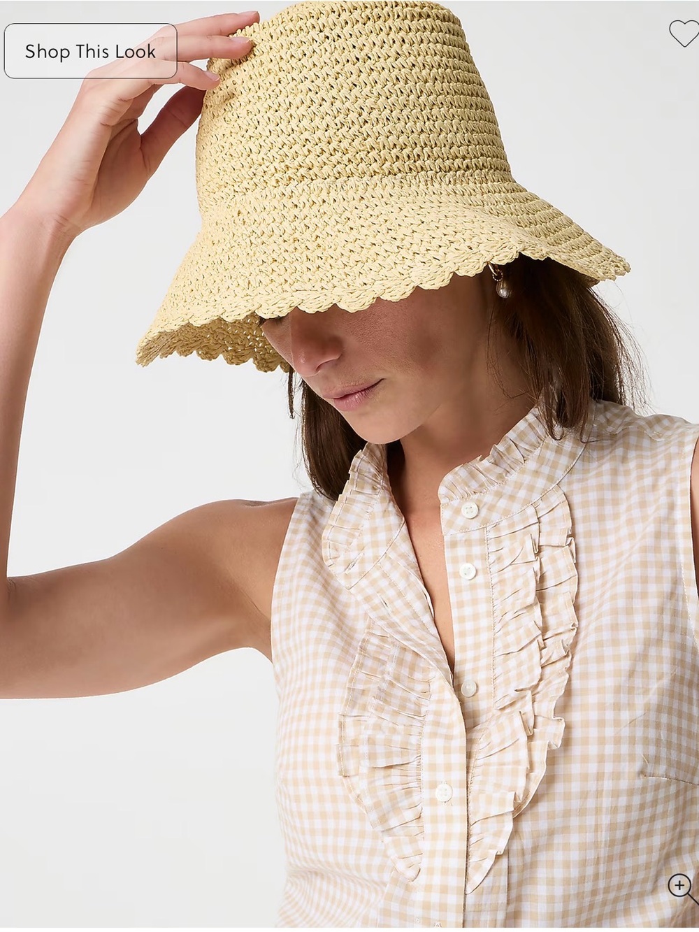 J. Crew Sleeveless Cotton Gingham Ruffle-Front blouse in khaki and Cream NWT - Picture 2 of 4